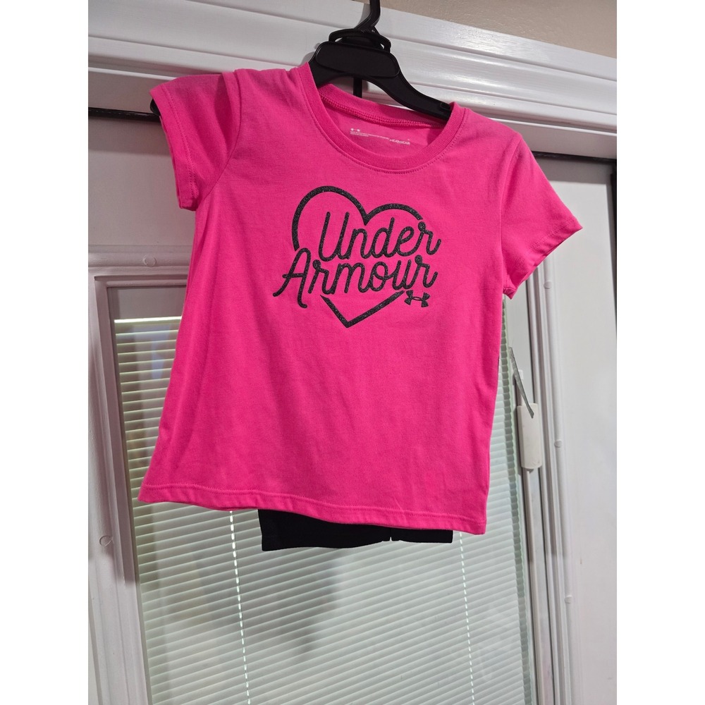 Under Armour Girls HeatGear Pink Heart Graphic T-Shirt and Black Shorts Set 5